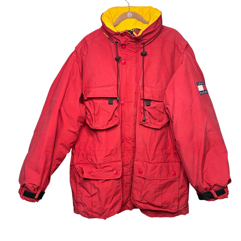 Vtg 90s Tommy Hilfiger Down Parka Jacket Mens XL Red Fleece Lined Multi Pocket